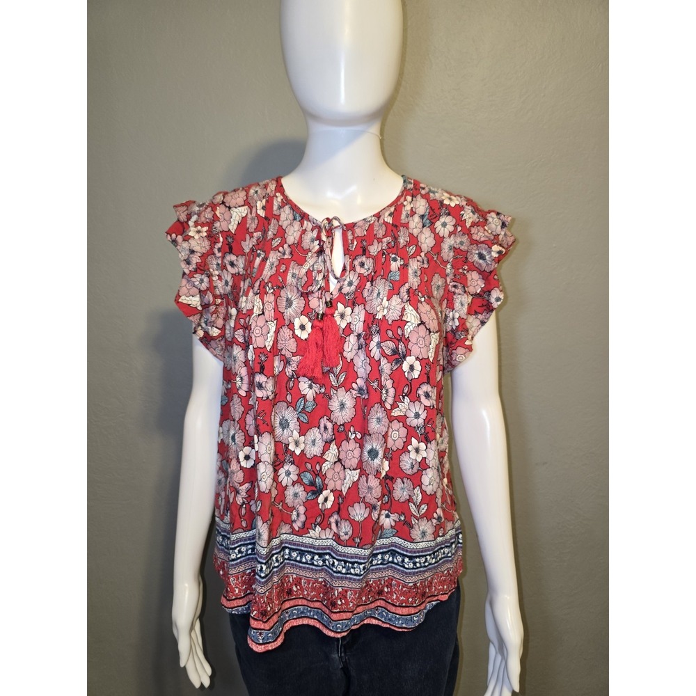 Knox Rose Floral Blouse Keyhole Tie Ruffle Sleeve Flowy Boho Chic Hippie Sz S